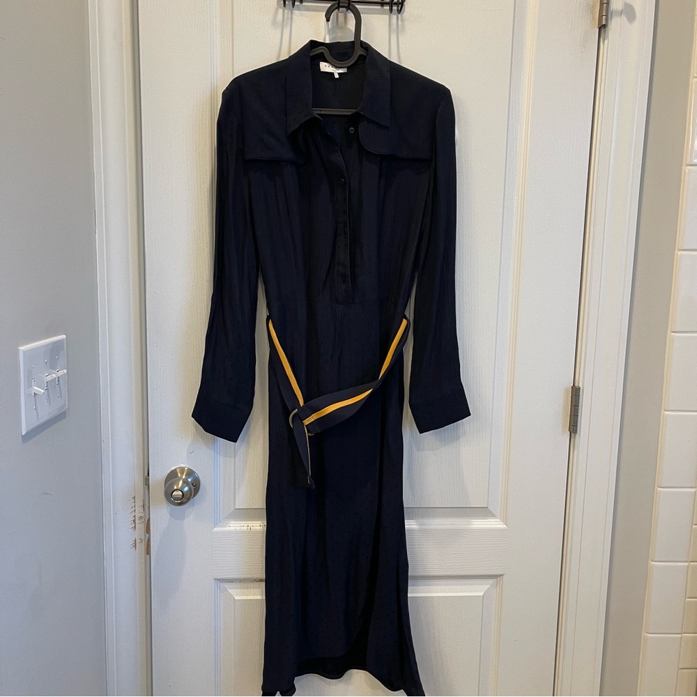 Sandro Classic Navy Long-Sleeve Shirt Dress with Contrast Belt